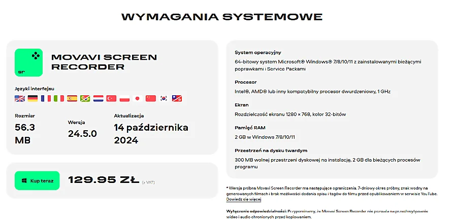 Movavi Screen Recorder - wymagania systemowe